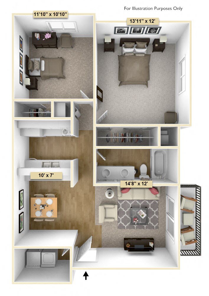 Floor plan for 2 beds, 1 bath, 770 sqft